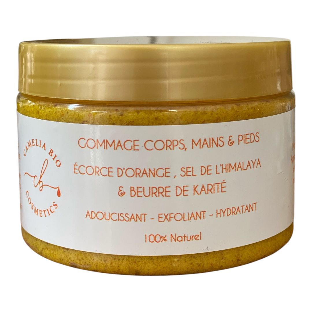 GOMMAGE CORPS, MAINS, & PIEDS ECORCE D'ORANGE , SEL DE LHIMALAYA & BEURRE DE KARITE